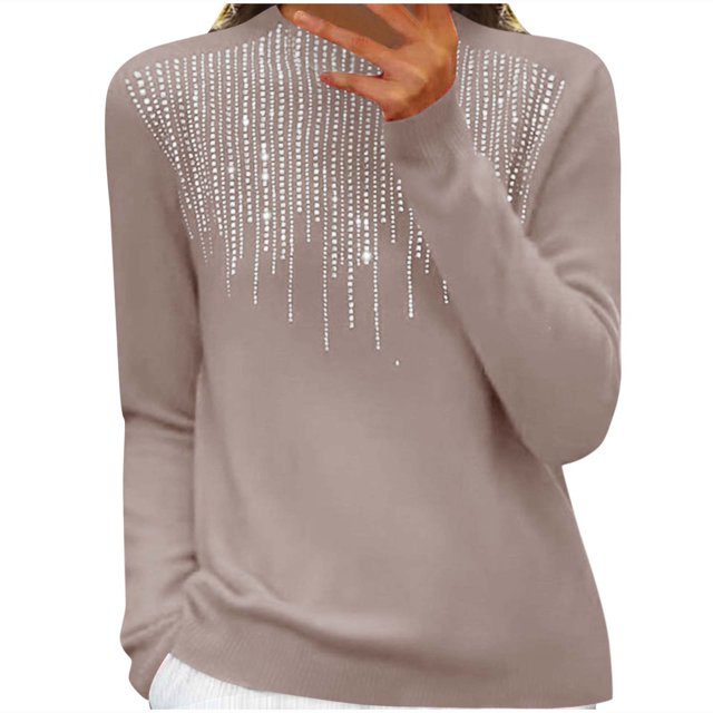 WRKEKC Chandails pour Femmes Couleur Unie avec Strass Manches Longues Col Rond Tricot Automne Hiver Tenues Tendance