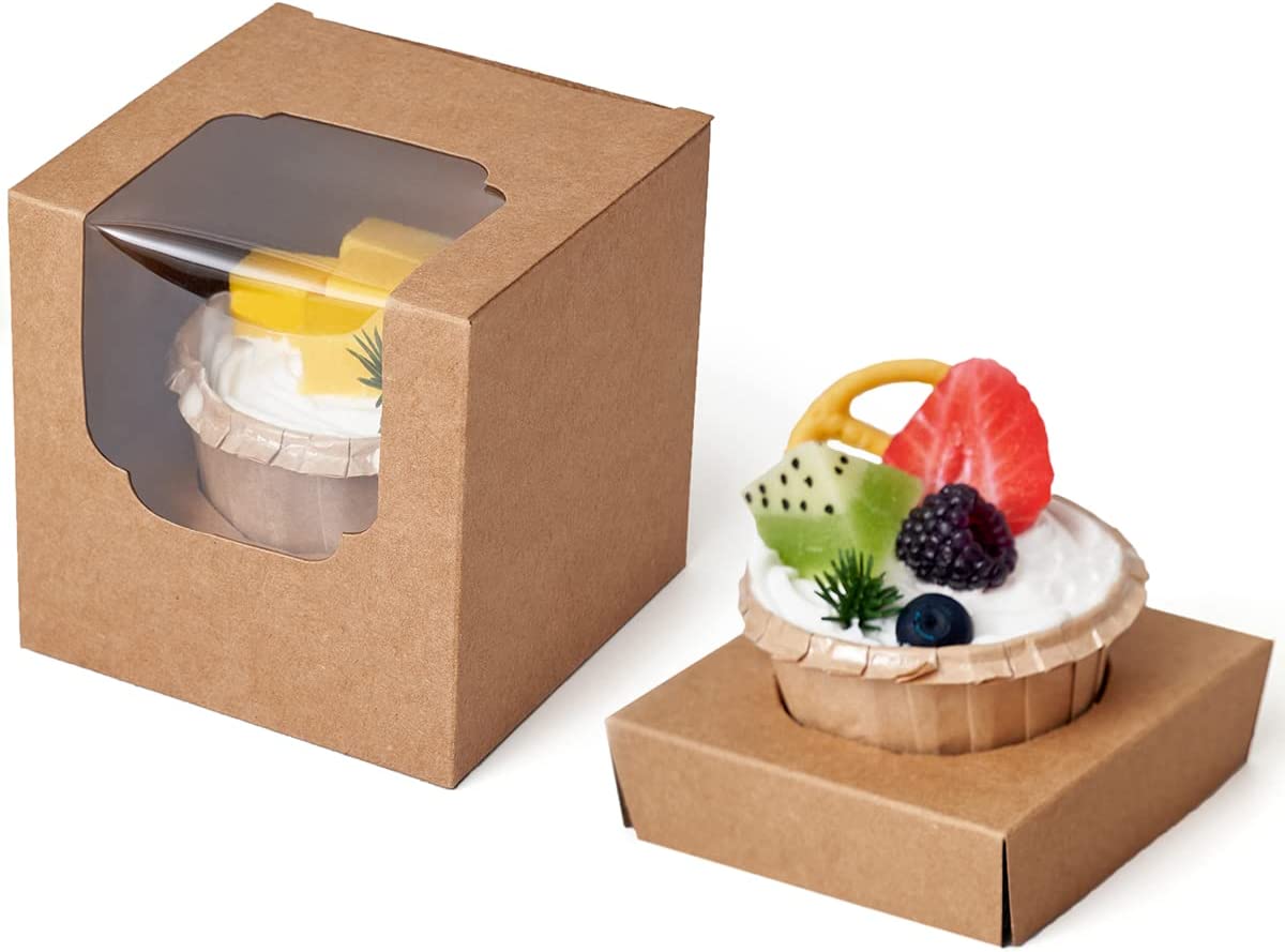 Kraft Paper Cupcake Boxes Individual with Insert and Clear Window Togo