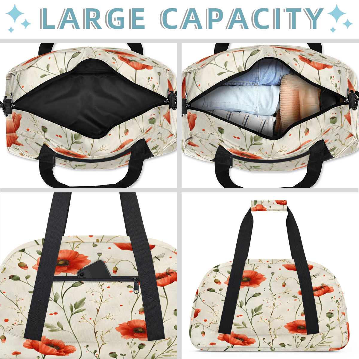Herdesigns Red Poppy Sports Duffle Bag for Women & Men, Floral Gym Bag Dance Bag Overnight Bag Carry On Weekender Travel Bag
