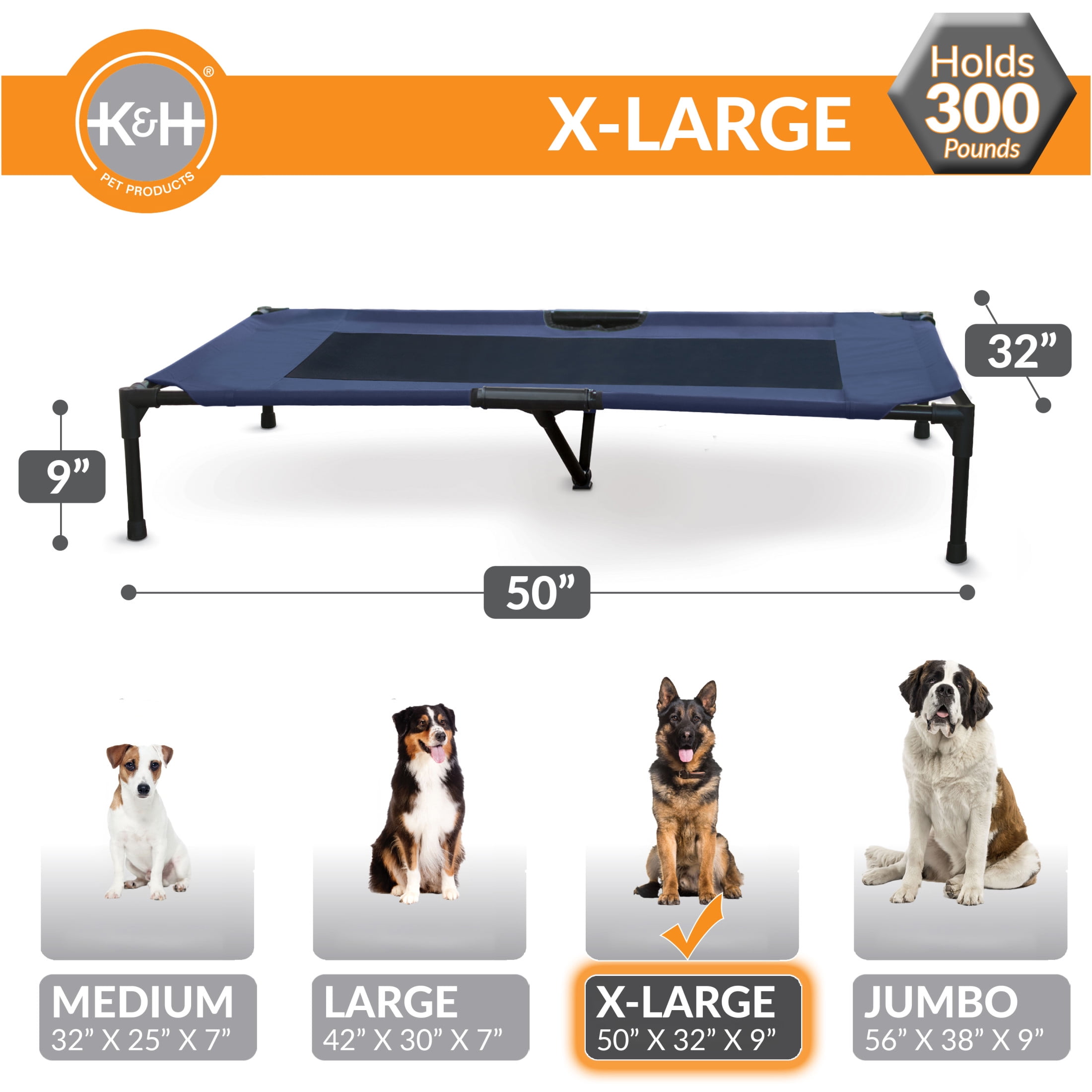 K&H Pet Products Original Pet Cot Elevated Dog Bed Blue/Black Mesh X-Large 50 X 32 X 9 Inches