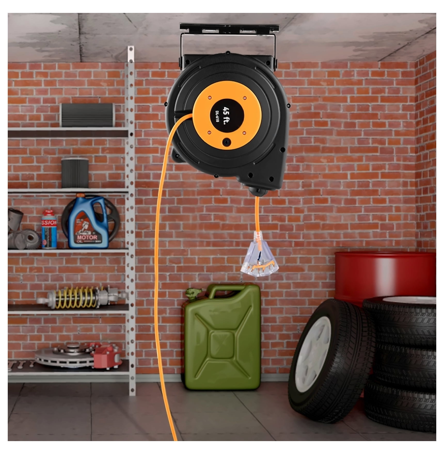 Retractable Extension Reel Heavy Duty 12AWG 45FT, SJTOW Power Cord Reel with Lighted Outlet & Swivel Bracket - Garage, Workshop, Construction
