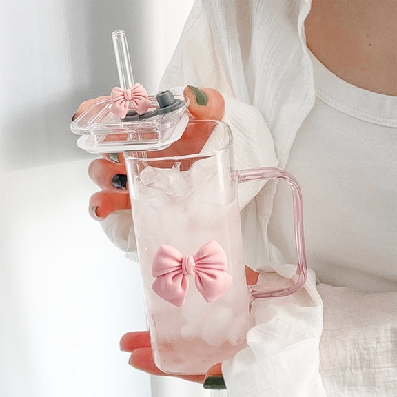 PEIBang 13 Oz Glass Cups with Lids and Straws,Glass Tumbler with Handle and Detachable Bow Knot,Transparent Drinking Glasses for Water,Juice,Iced Coffee,Milk,Tea