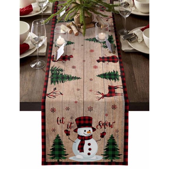 Christmas Table Runner Snowman Holly Tree Wood Grain Table Runners Xmas Plaid Check Cotton Linen Dresser Scarf Kitchen Dining Table Decor for Christmas Holiday Party Decor 13x72 Inch