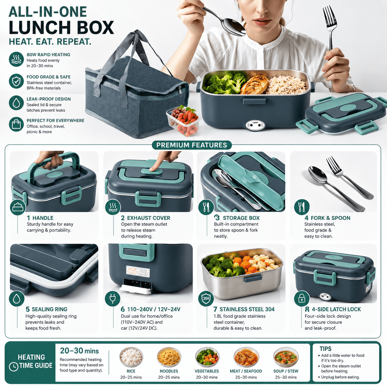 DCUTIE 1.8L 80W Heated Lunch Box for Adults, Food Warmer Lunch Box for Rice Meals