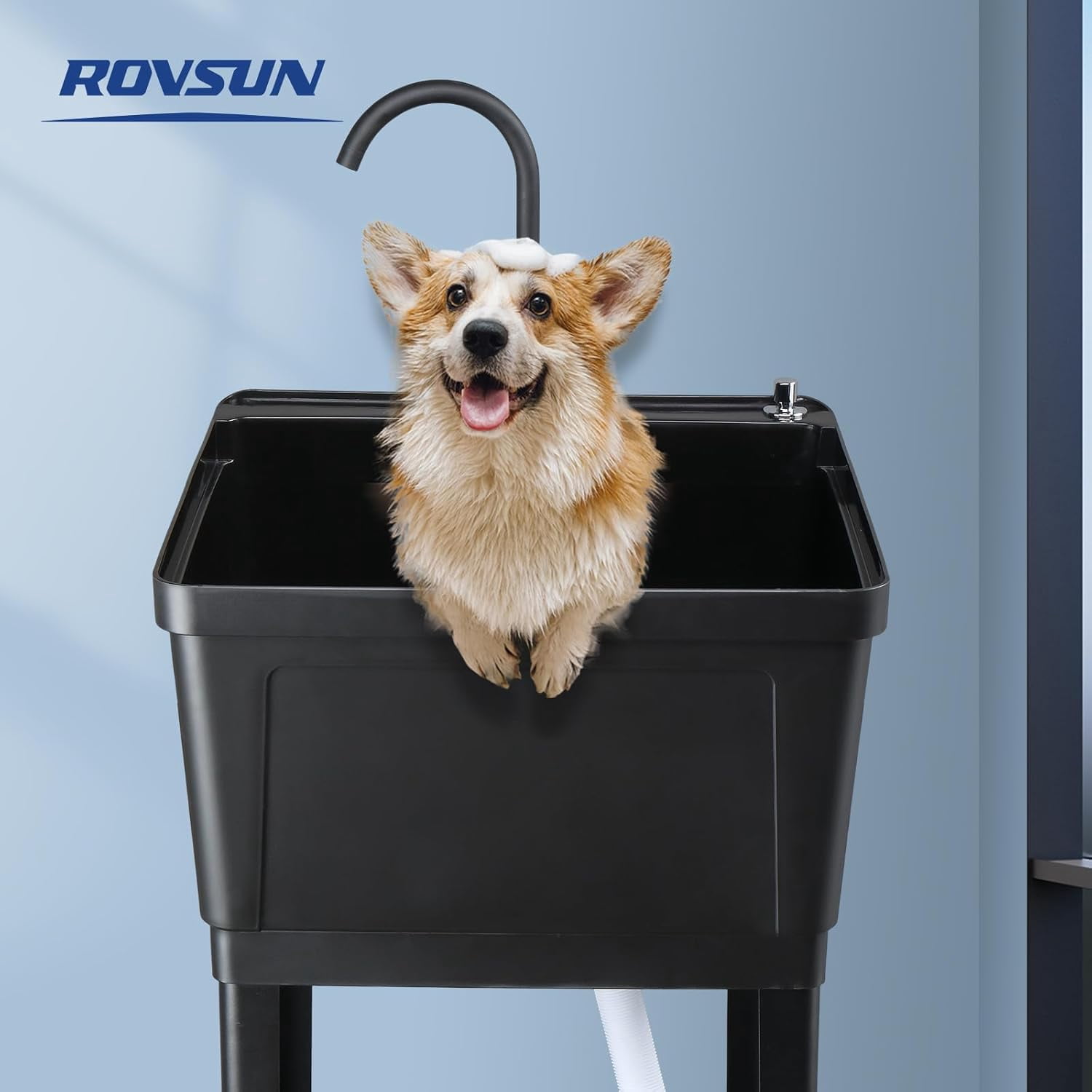 ROVSUN Plastic Utility Sink, Freestanding Sink with Hot&Cold Faucet, Soap Dispenser, Drain Plug and Iron Legs with Storage shelf, Perfect for Basement, Laundry Room, Garage, Black 23.6"×23.6"×36.2"