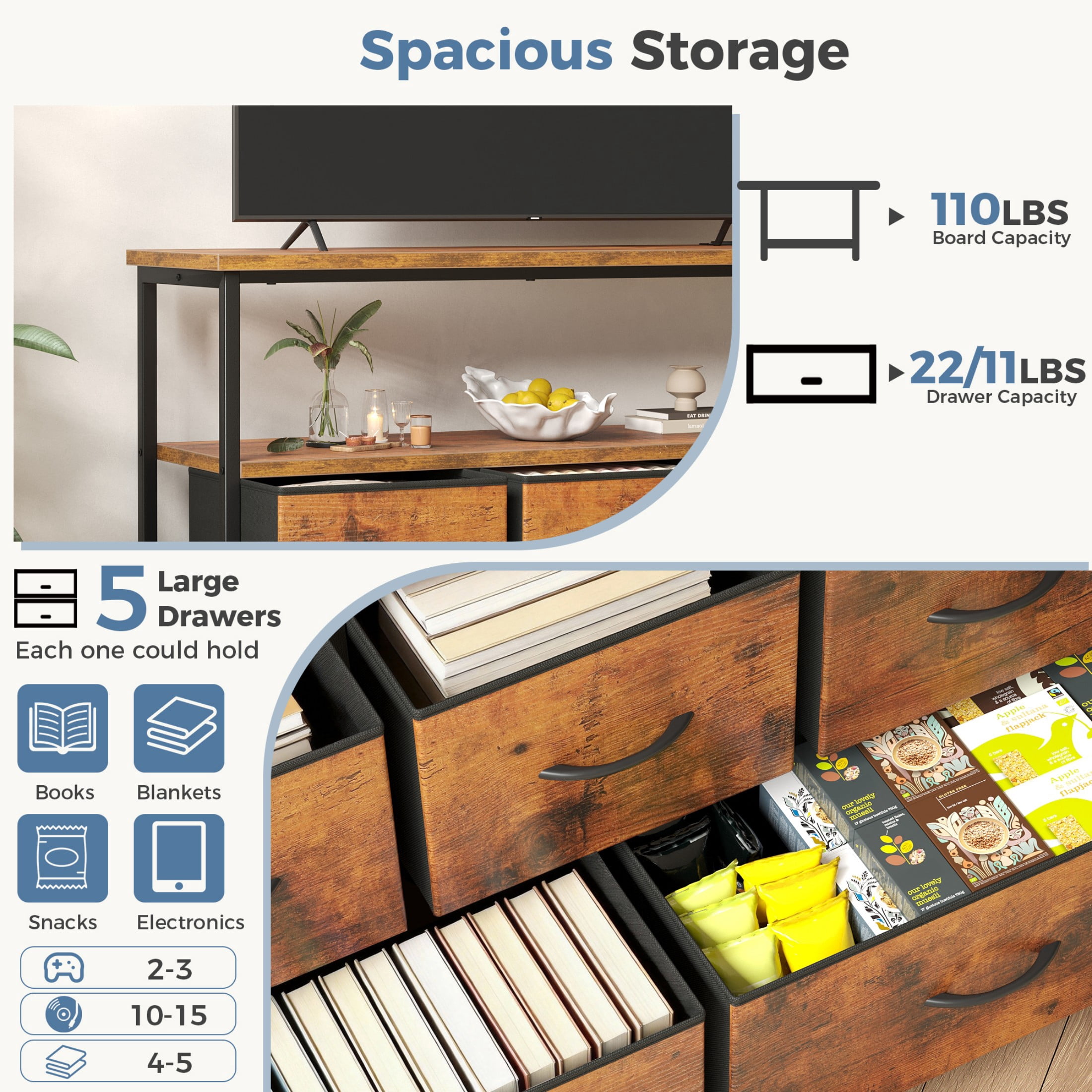 CONCETTA 39.3'' 5 Drawer Dresser with Charging Station, Fabric Storage Chest of Drawers for Bedroom, Living Room, Entryway, Rust