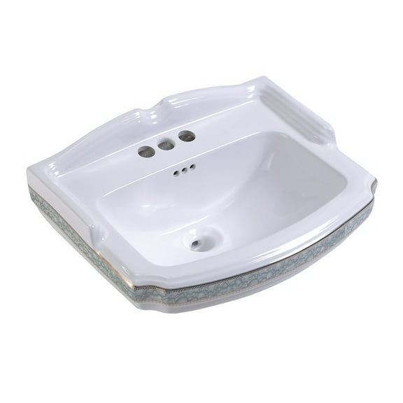 India Reserve Bathroom Pedestal Sink Basin Only Replacement Part 23" W White Ceramic Sink w/Green and Gold Accents, Backsplash, Overflow and Centerset Faucet Holes Renovators Supply
