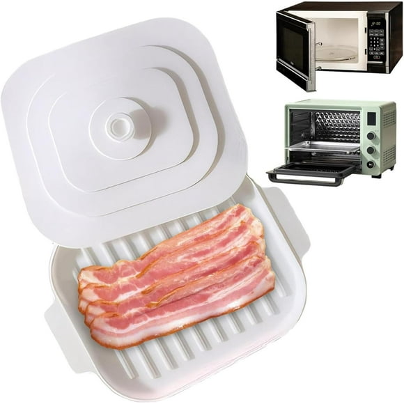 Microwave Bacon Cooker - Silicone Bacon Tray with Lid, Rectangular, White