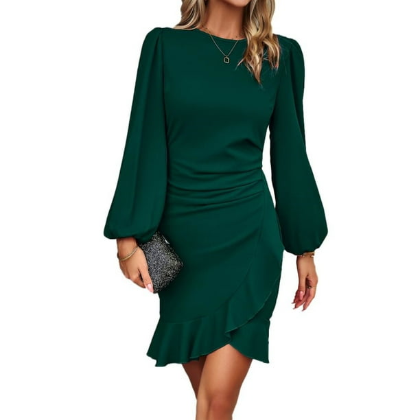 Vestido corto ajustado con mangas abullonadas y volantes de manga larga elegante para mujer