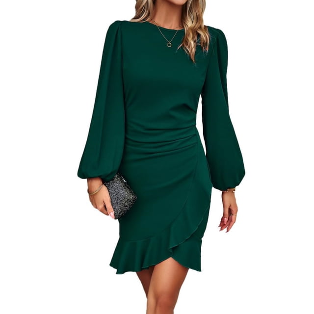 Vestido corto ajustado con mangas abullonadas y volantes de manga larga elegante para mujer