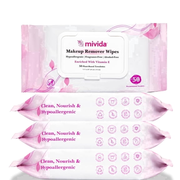 mivida Hypoallergenic Makeup Remover Wipes, Vitamin E & Fragrance-Free, 200 Count (4 Pack of 50)