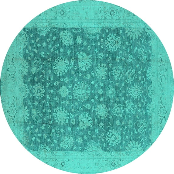 Ahgly Company Machine Washable Indoor Round Oriental Turquoise Blue Industrial Area Rugs, 3' Round