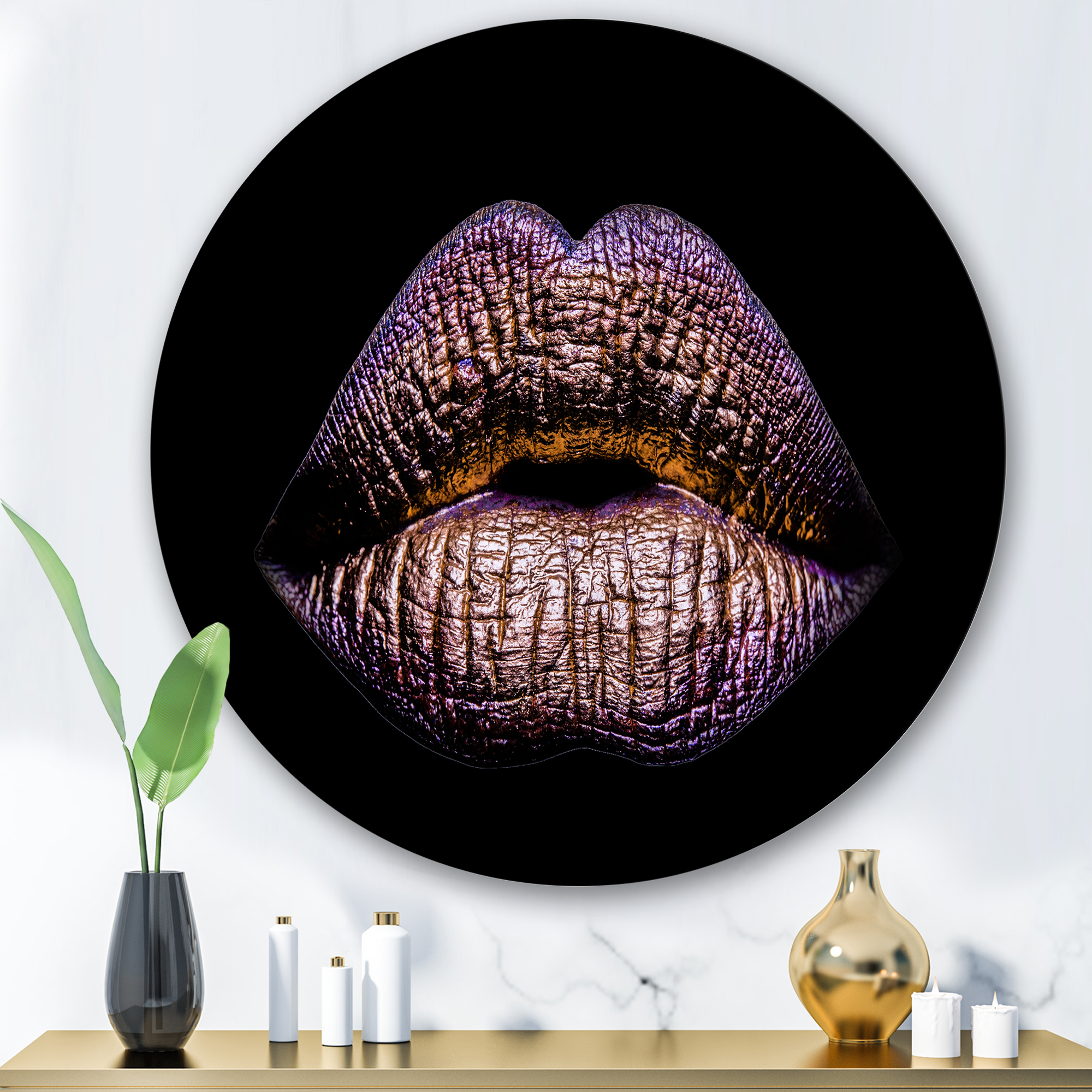 Designart 'Sexy Golden Metallized Woman Lips V' Modern Circle Metal Wall Art 36x36 - Disc of 36