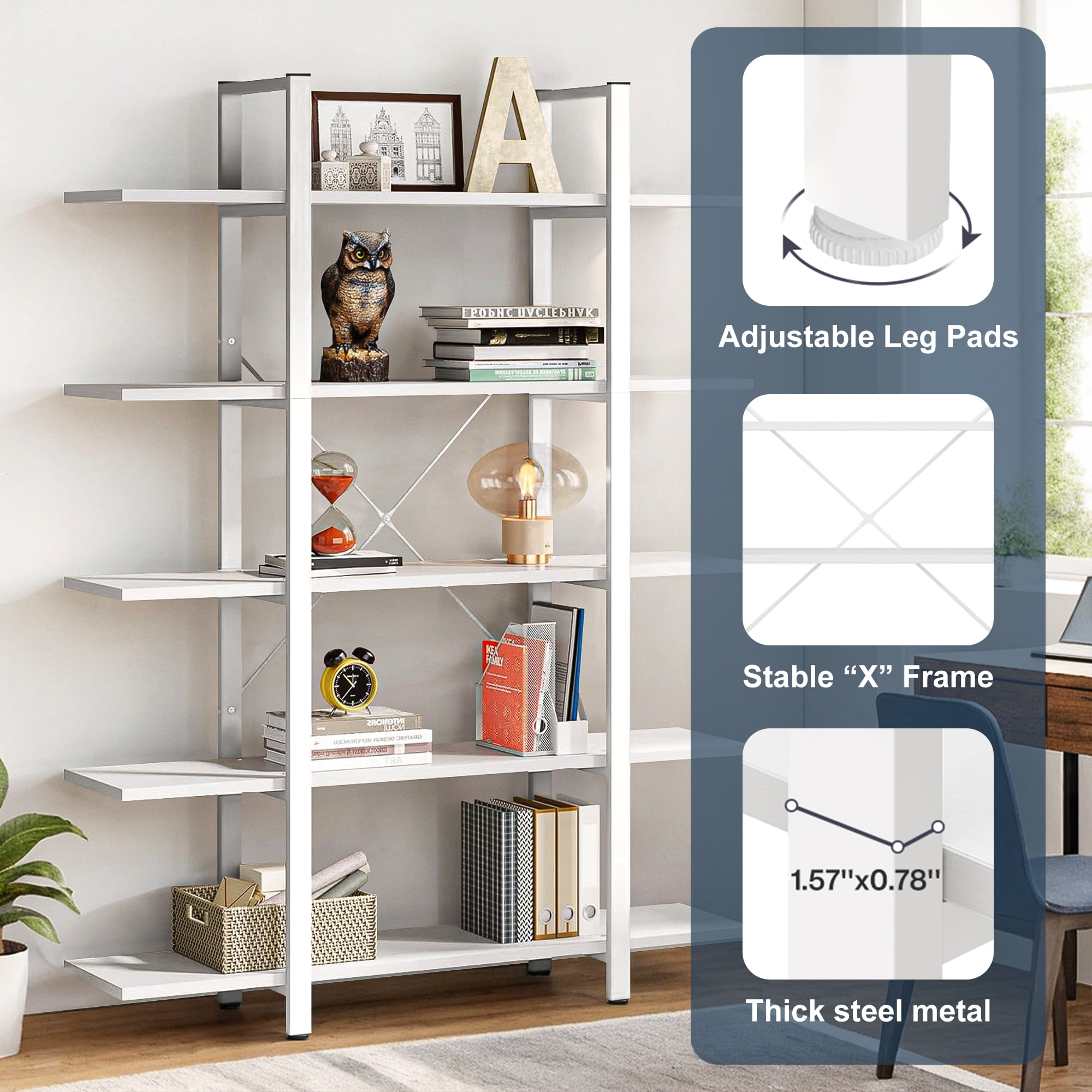 Demi Bonn 5 Tier Bookshelf, Bookshelves, Open Etagere Bookcase Shelf Storage Organizer, Free Standing Storage Shelving Unit for Bedroom, Living Room and Home Office, White