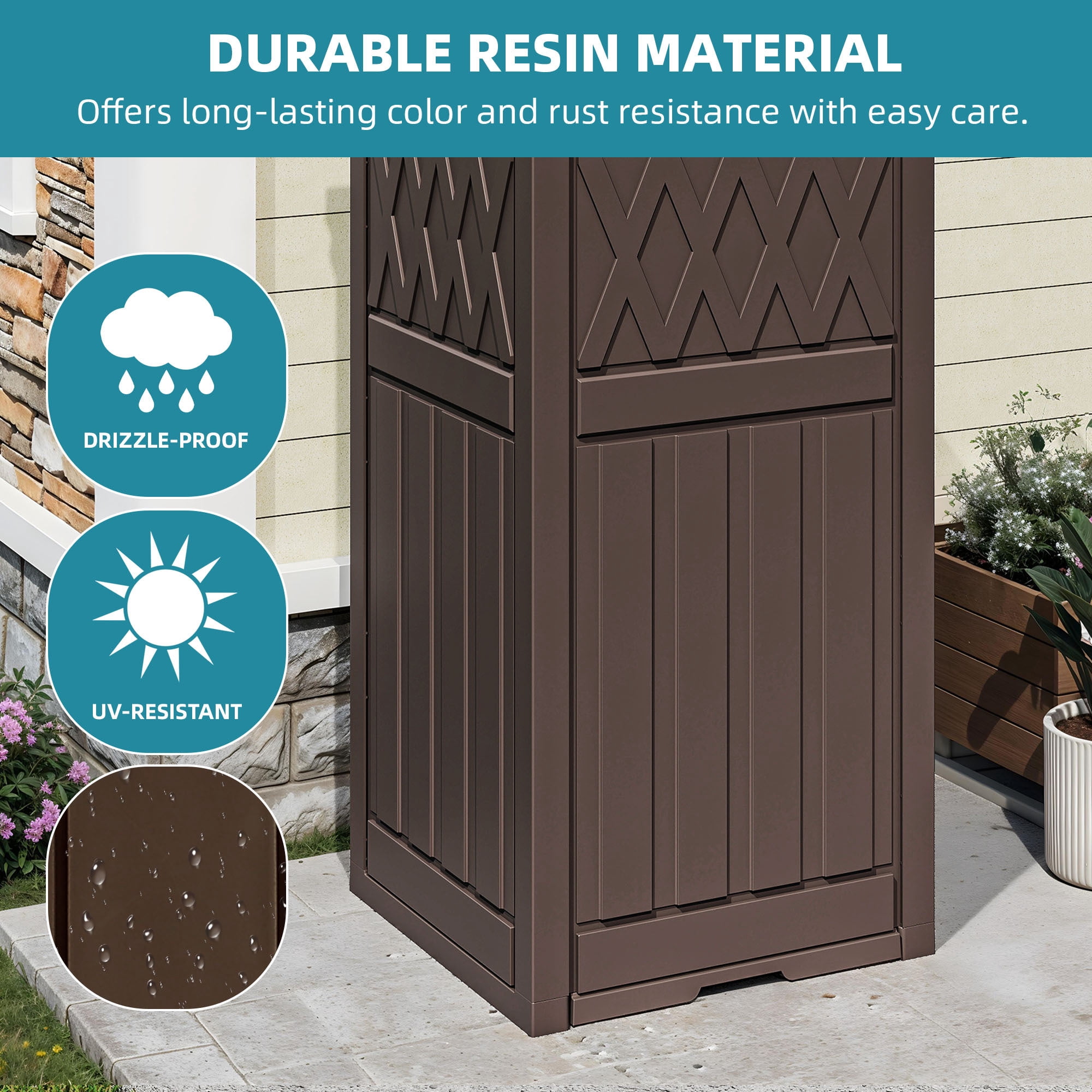 Uforic 32 Gallon Outdoor Trash Can, Waterproof Resin Garbage Bin with Lid & Drip Tray for Porch Backyard Patio, Dark Brown