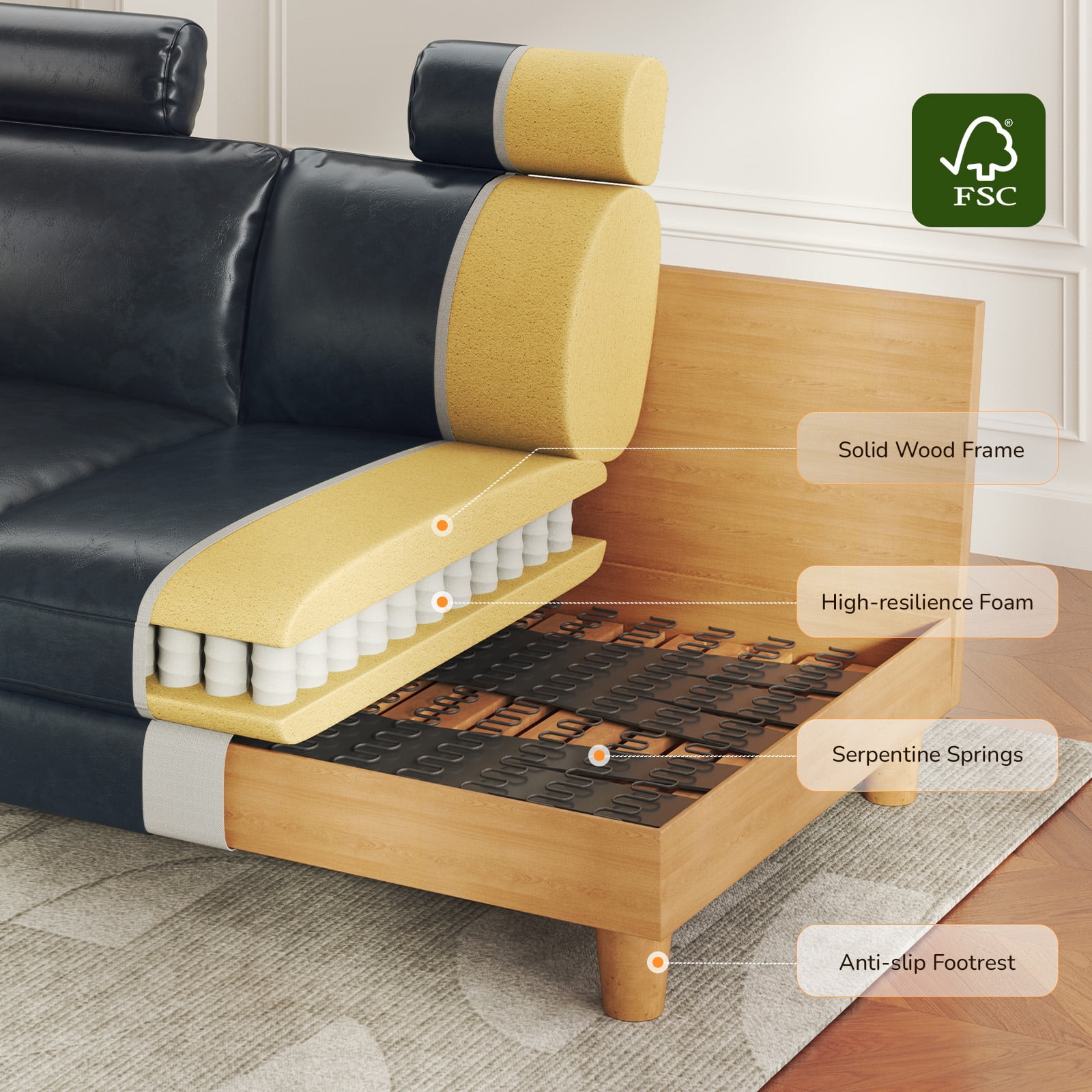 87" Sofa Premium PU Leather Couch with Headrest, Comfy 27" Extra Deep Seat 3 Seater Sofa for Living Room, Includes 2 Pillows, Gray