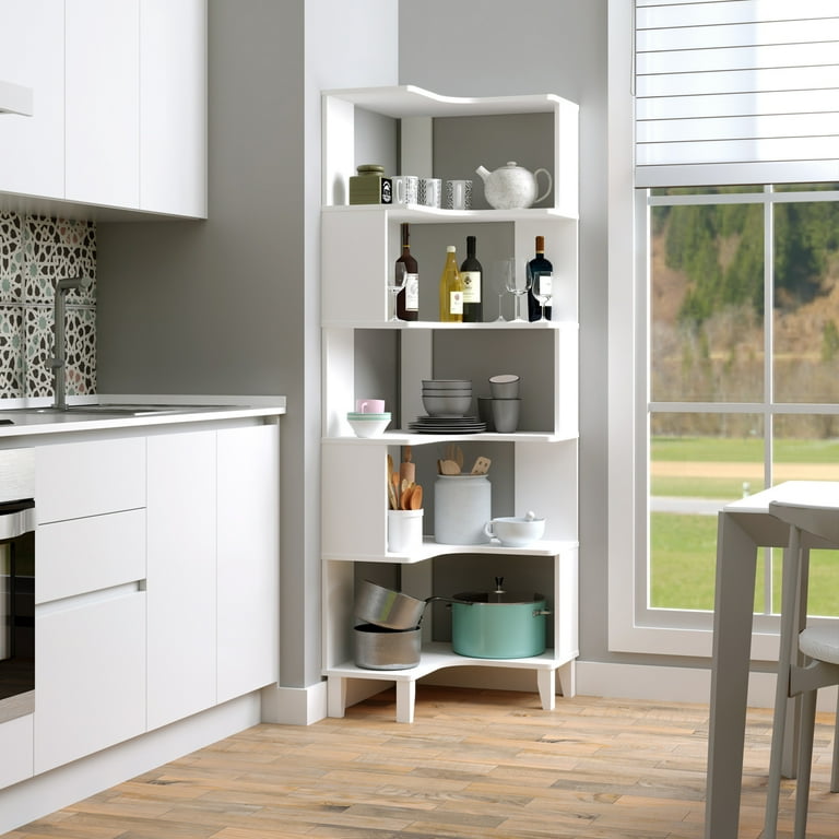 Prepac Nordik 6-Tier White Modern Mid Century Corner Bookcase