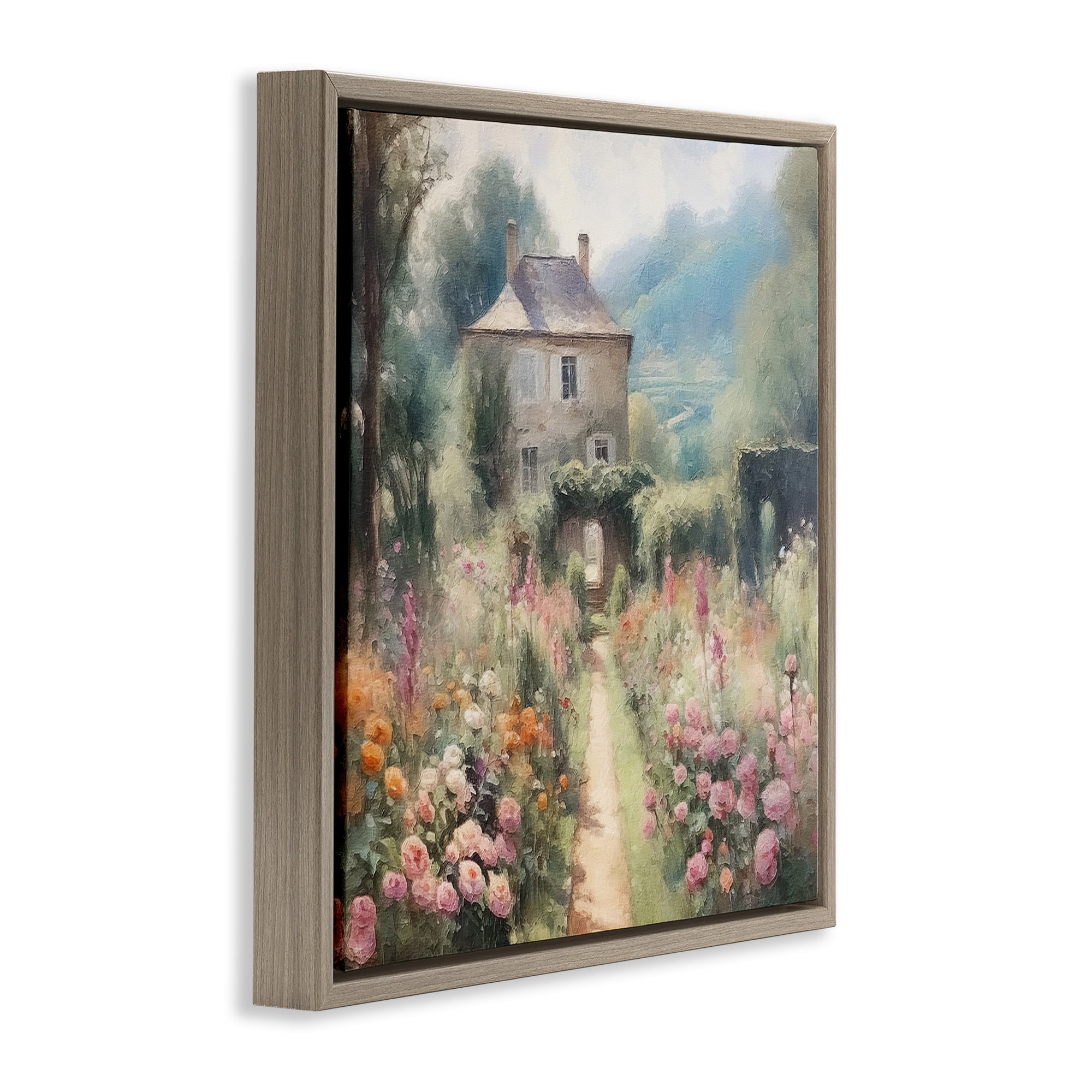 Stupell Industries Blooming Cottage Path Landscape Painting Brown Floater Framed Canvas Art Print Wall Art, 18 x 18
