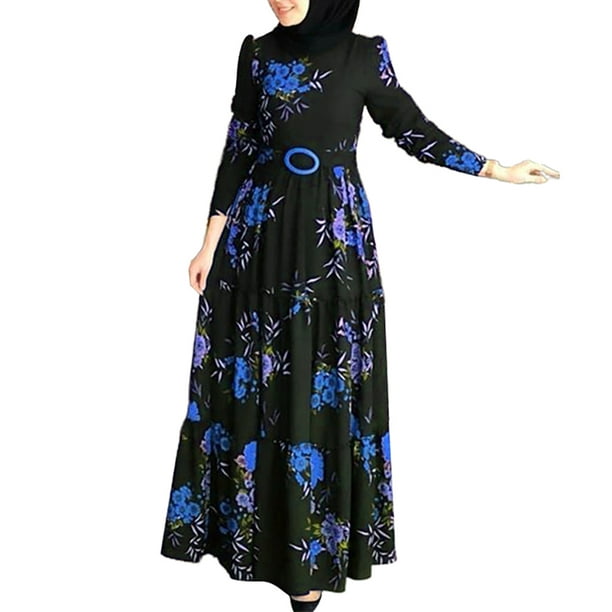 HEVIRGO Women Long Sleeve Muslim Abaya Dress Ethnic Floral Print Belt Maxi  Kaftan Robe