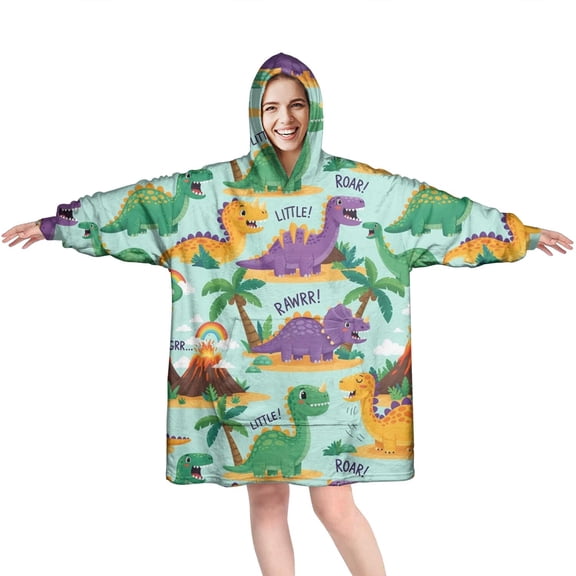 Wearable Oversized Blanket,LightBlue Cartoon Dinosaurs Volcanoes Pattern Wearable Blanket Hoodie for Adults,Cozy Hooded Blankets with Super Pockets,Super Warm Fuzzy Pullover for Women & Men