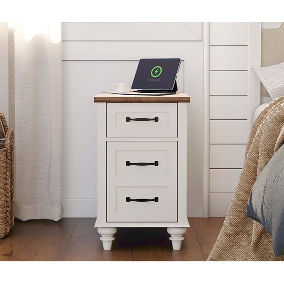 Farmhouse Off White Side Table – Wooden End Table with Charging Station, Nightstand for Bedroom Living Room