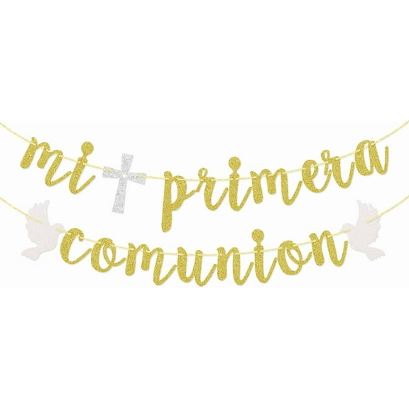 Mi Primera Comunion Banner, First Communion Decoration, God Bless Garland for Baptism, Baby Shower Sign for Boys Girls Gold
