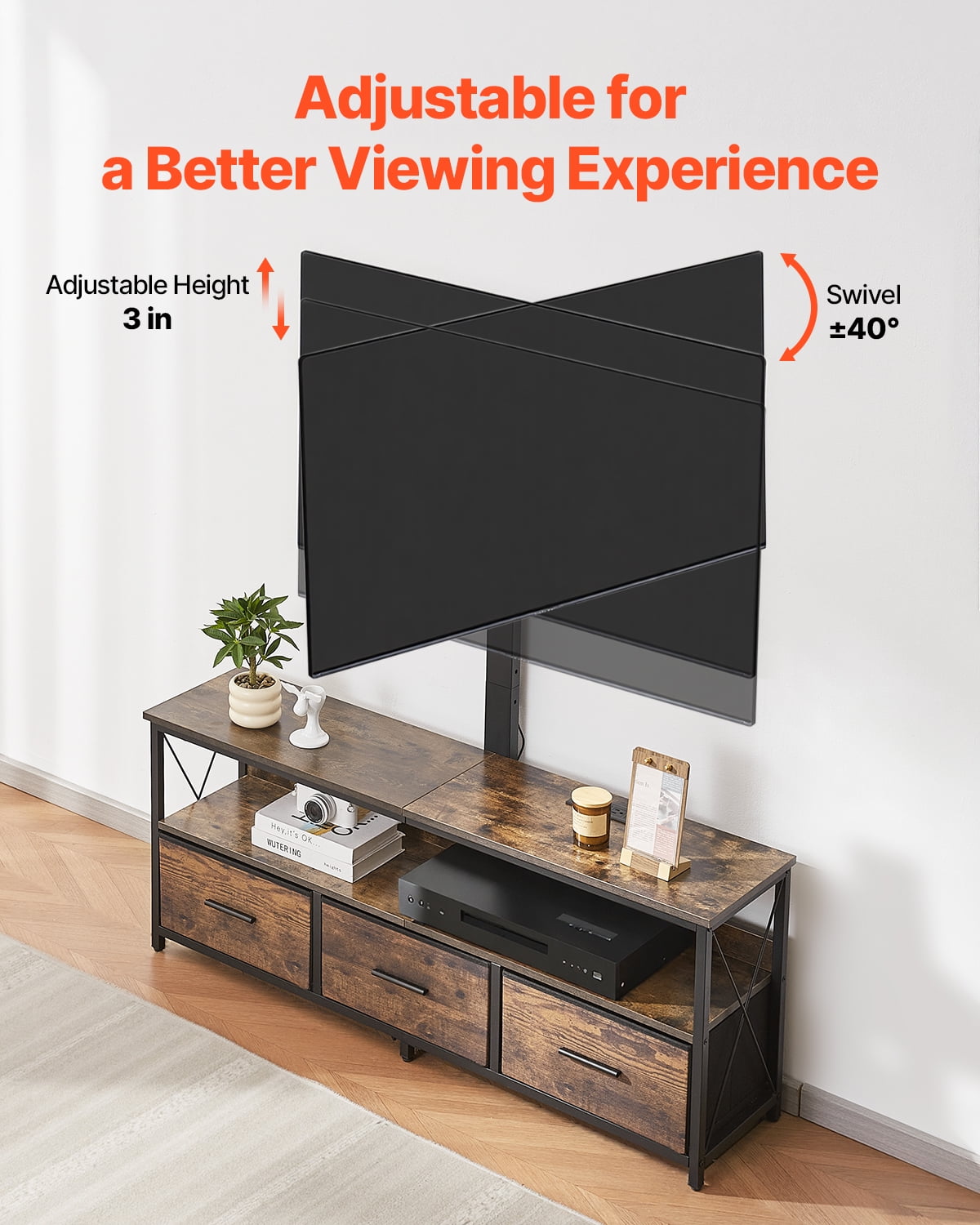 KFFKFF 52" Television Stand Suits 32-75", TV Console with Power Outlet and LED Lighting, Swivel & Height Adjustable TV Mount, Ideal for Bedroom