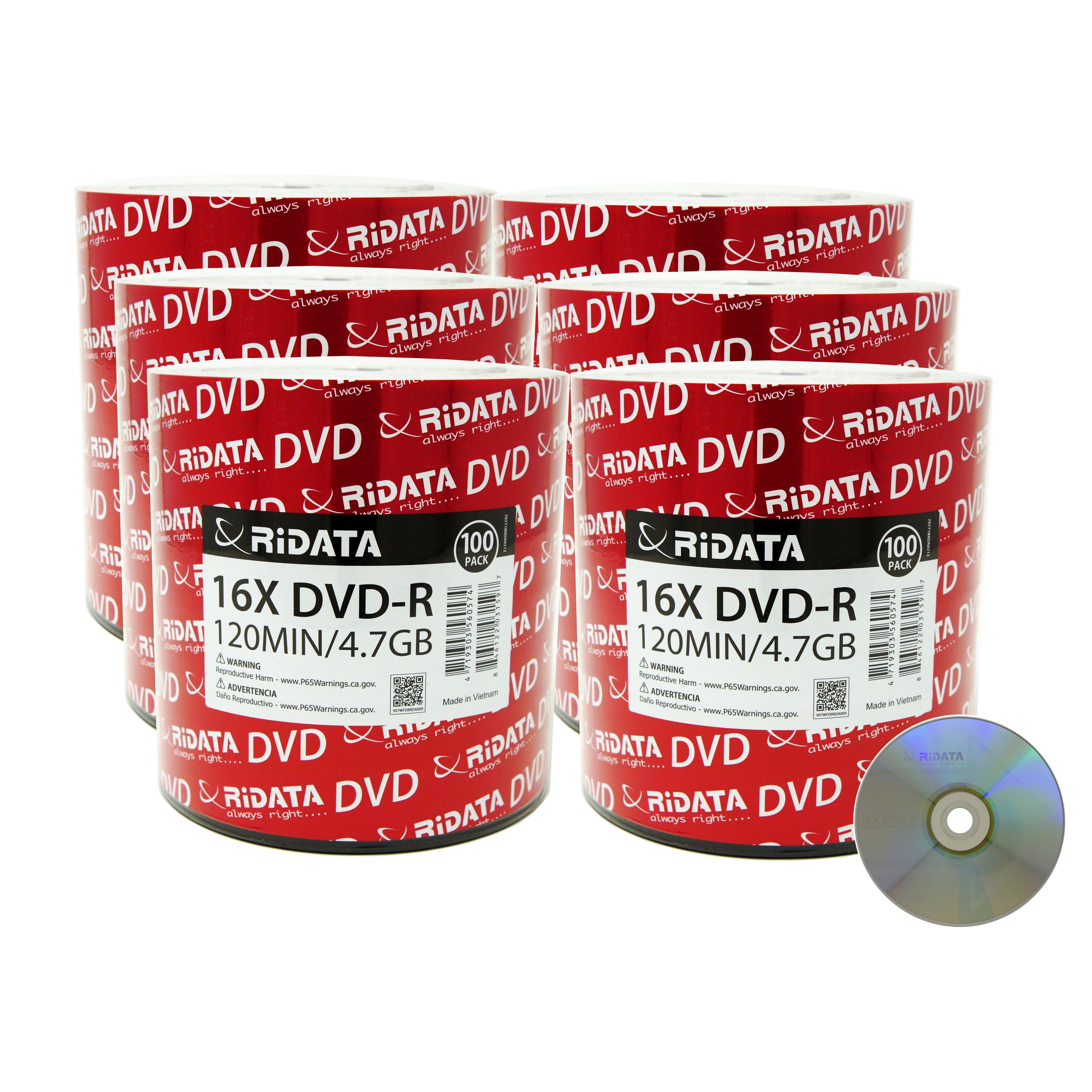 600 Pack Ridata DVD-R 16X 4.7GB 120 Min Silver Logo Top Blank Data Video  Media Recordable Disc 