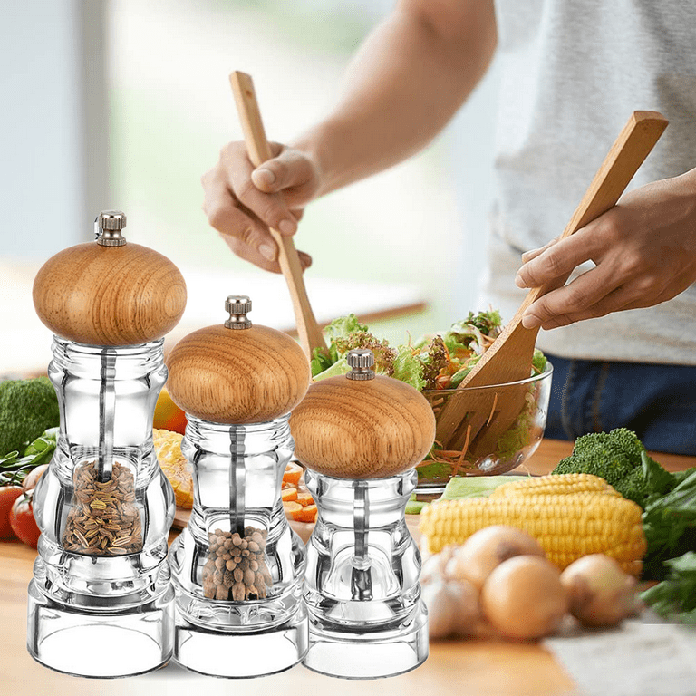 Haomacro Pepper Grinder,Wood Salt and Pepper Grinder Mills Sets, Classic  Manual Salt Grinder Refillable Pepper Mill Sets with Acrylic Visible Window