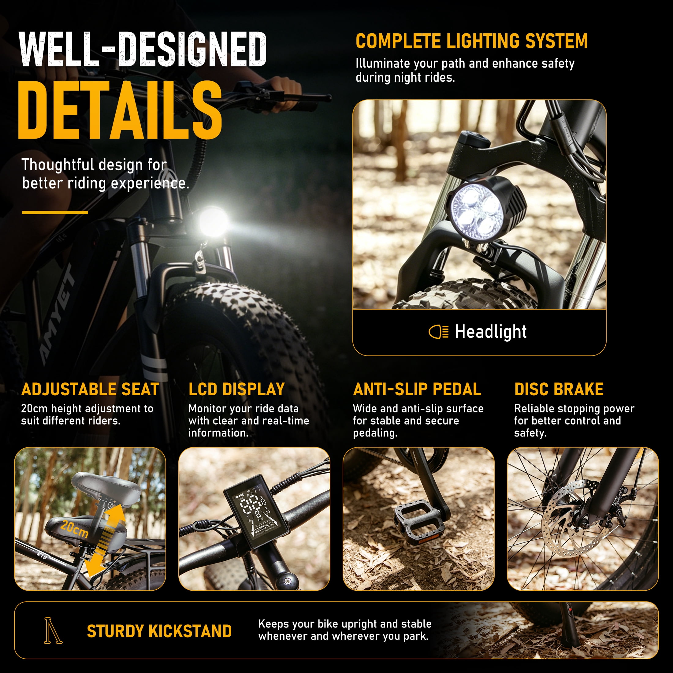 AMYET 1000W Electric Bike, 20" Fat Tire Ebike 28MPH 48V 15Ah E-Mountain Bicycles UL2849 Black