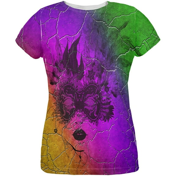Mardi Gras Party Mask Distressed Grunge Flag All Over Womens T Shirt Multi X-LG