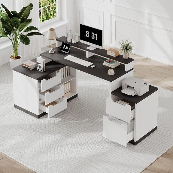 Catrimown White & Black L Shaped Corner Desk with Drawers, Shelves, Monitor Stand & Printer Shelf, Home Office Desk with File Drawer