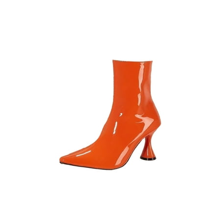 

Crocowalk Womens Fashion Bootie Slim High Heels Boot Pointy Toe Patent Leather Boots Comfotable Zip Up Short Booties Women Slip Resistant Mid Calf Winter Shoes Orange 8.5