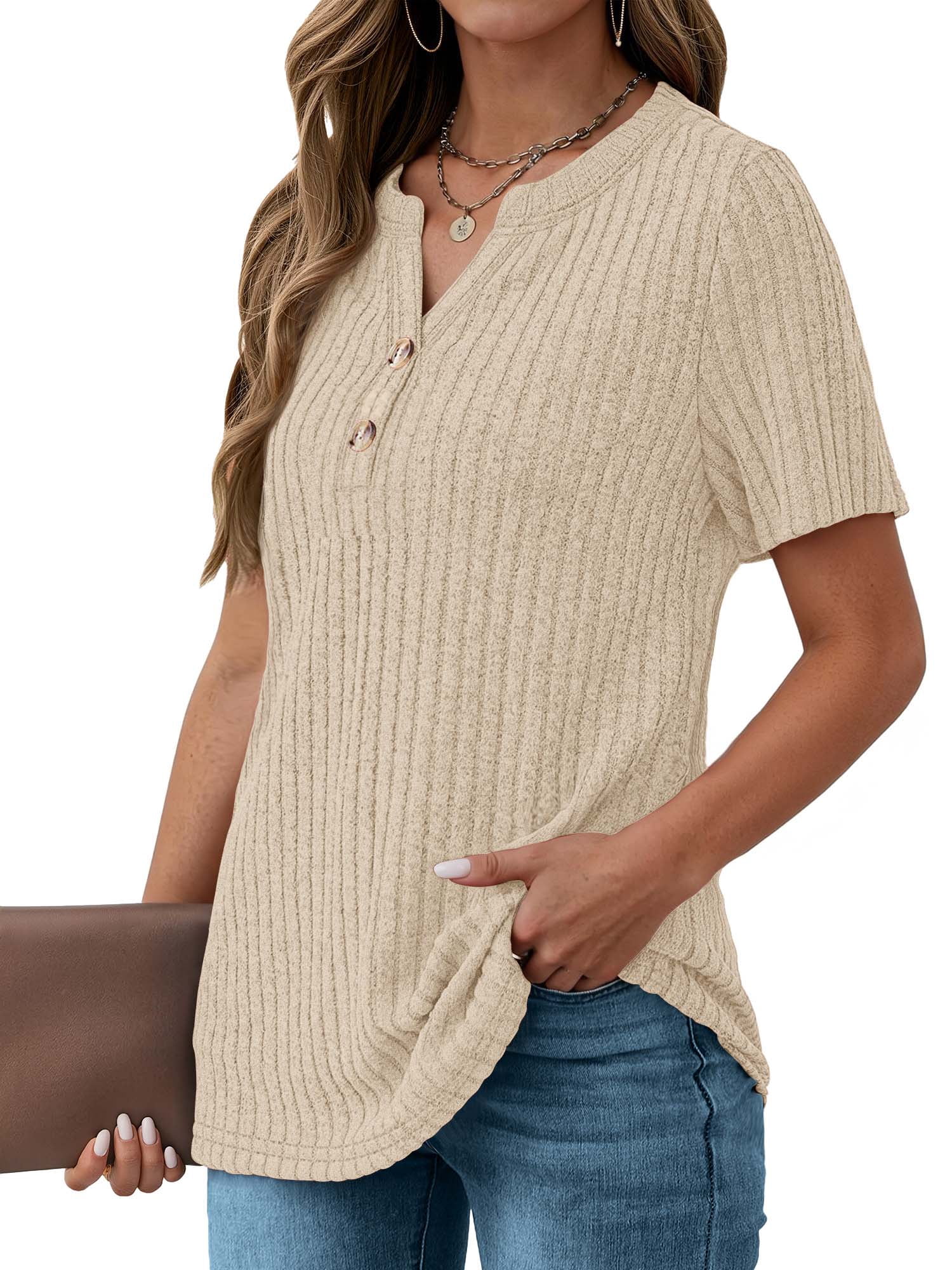 Fantaslook V Neck Tops for Women Short Sleeve Henry Shirts with Button Dressy Casual Summer Blouses Tops
