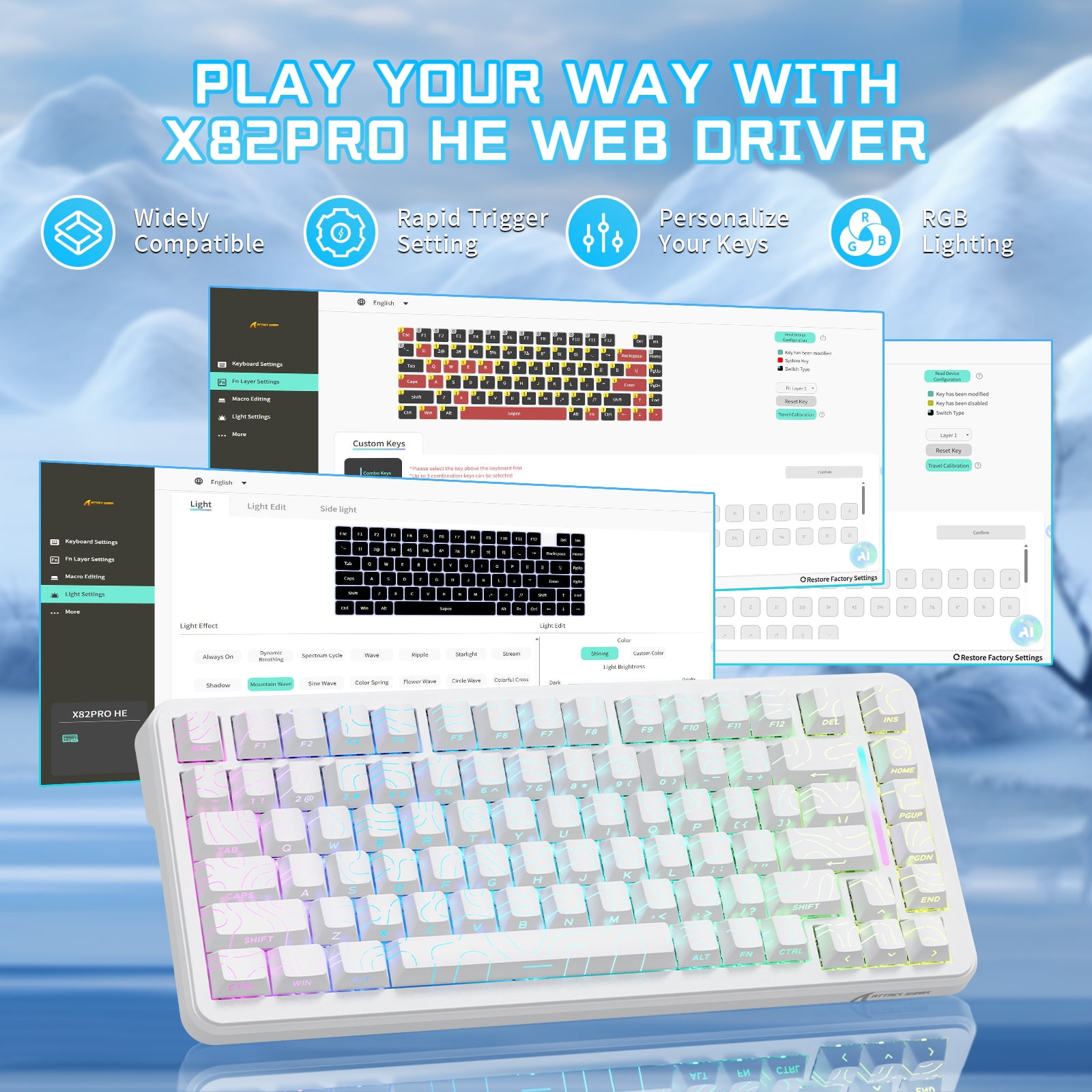 ATTACK SHARK X82PRO HE 75% Wireless Rapid Trigger Magnetic Keyboard, 8K Wired Gaming Keyboard, Hall Effect Switches Adjustable Actuation, QWERTY, RGB Backlit, C01 RGB Coiled Cable -White