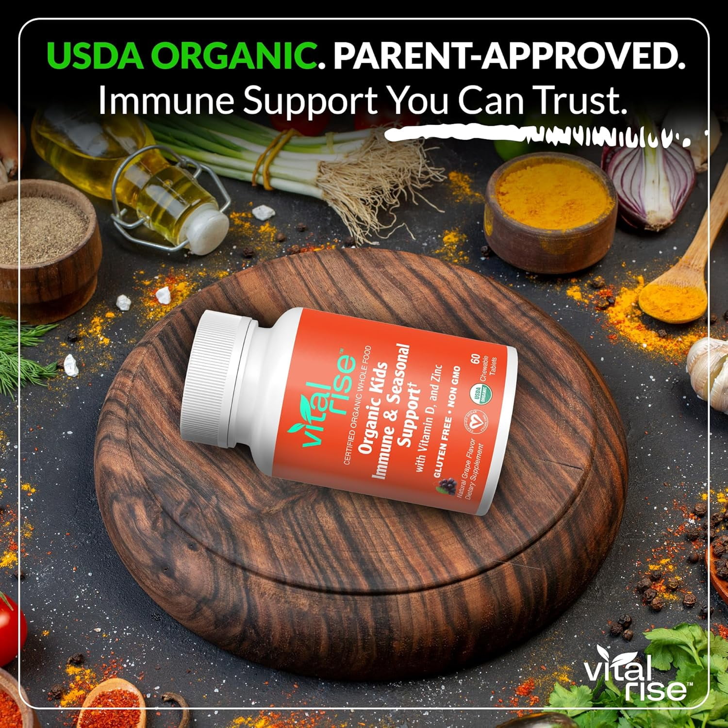 Vital Rise Organic Kids Immune Support Chewable Tablets, Sugar-Free Grape Flavor, Vitamin C, Vitamin D3, Zinc & Elderberry, USDA Organic, Vegan Supplement for Kids Ages 4+