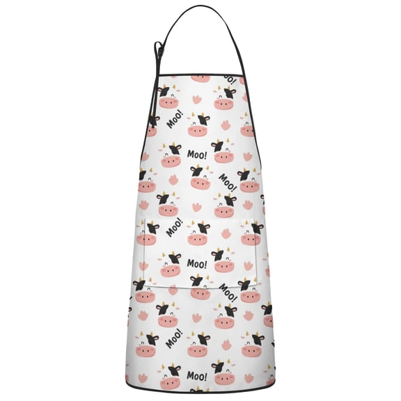 White Cow Moo Pattern Apron-Garden Aprons for Women with Pockets-Cotton Linen Waterproof Kitchen Cooking Gardening Aprons Adjustable for Kitchen,Cooking,BBQ and Salon 33x27 Inch