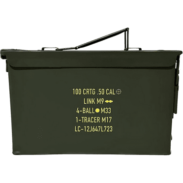Issue 50 Cal Ammo Can (M2A1/M2A2), Solid Alloy Steel Storage Containers – Watertight & Airtight Army Ammo Box w/Hinged Lid, Locking Latch - Military Grade Ammo Cans Metal