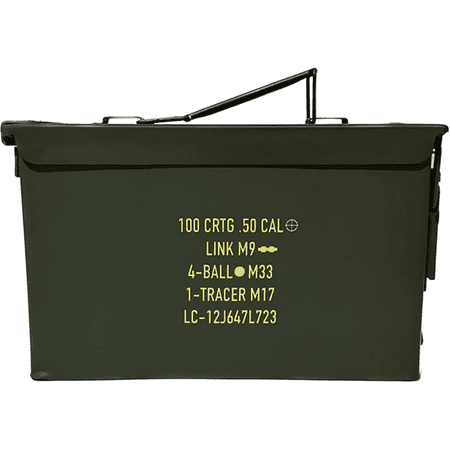 Issue 50 Cal Ammo Can (M2A1/M2A2) Solid Alloy Steel Storage Containers - Watertight & Airtight Army Ammo Box w/Hinged Lid Locking Latch - Military Grade Ammo Cans Metal