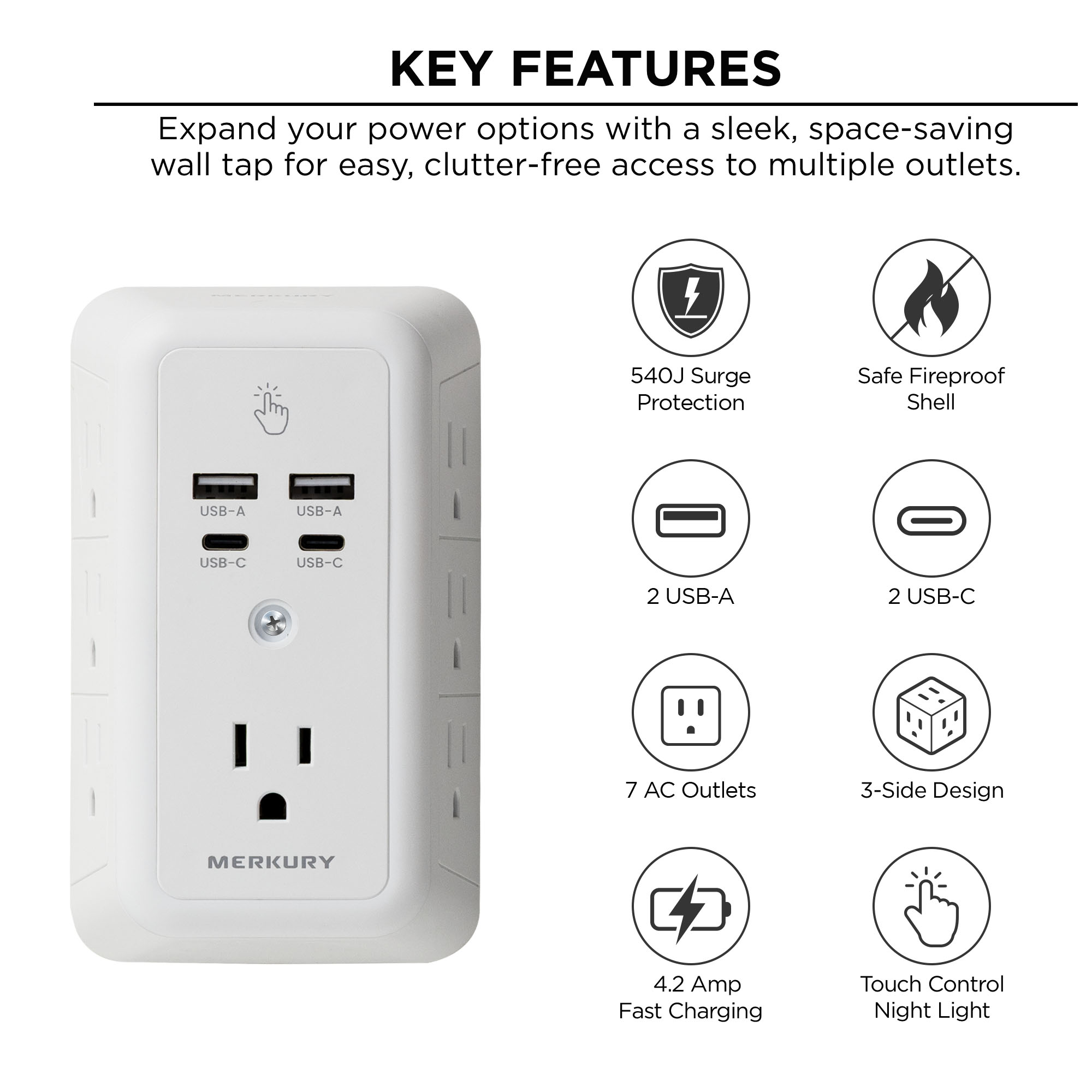 Merkury Innovations Wall Tap with Night Light, 7 Outlets, 4 USB Ports photo 4