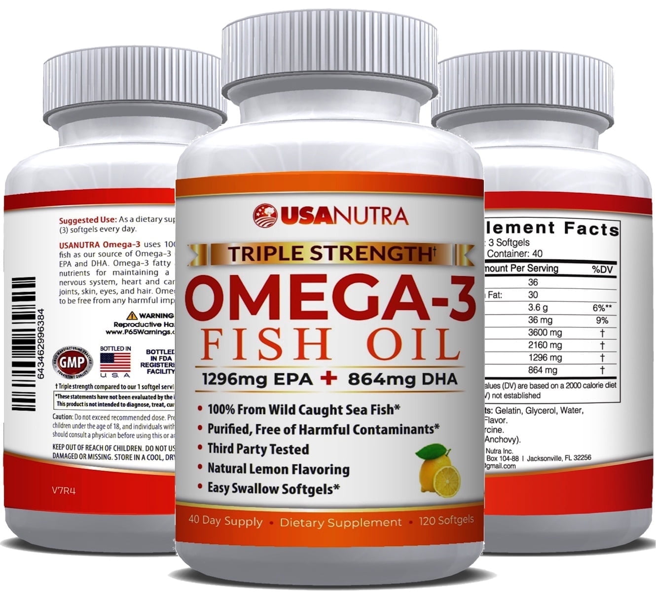 USANUTRA Omega 3 Fish Oil 3600mg Triple Strength Wild Caught Icelandic Anchovy Fish Oil.  120 Easy Swallow Softgels, 40 Day Supply