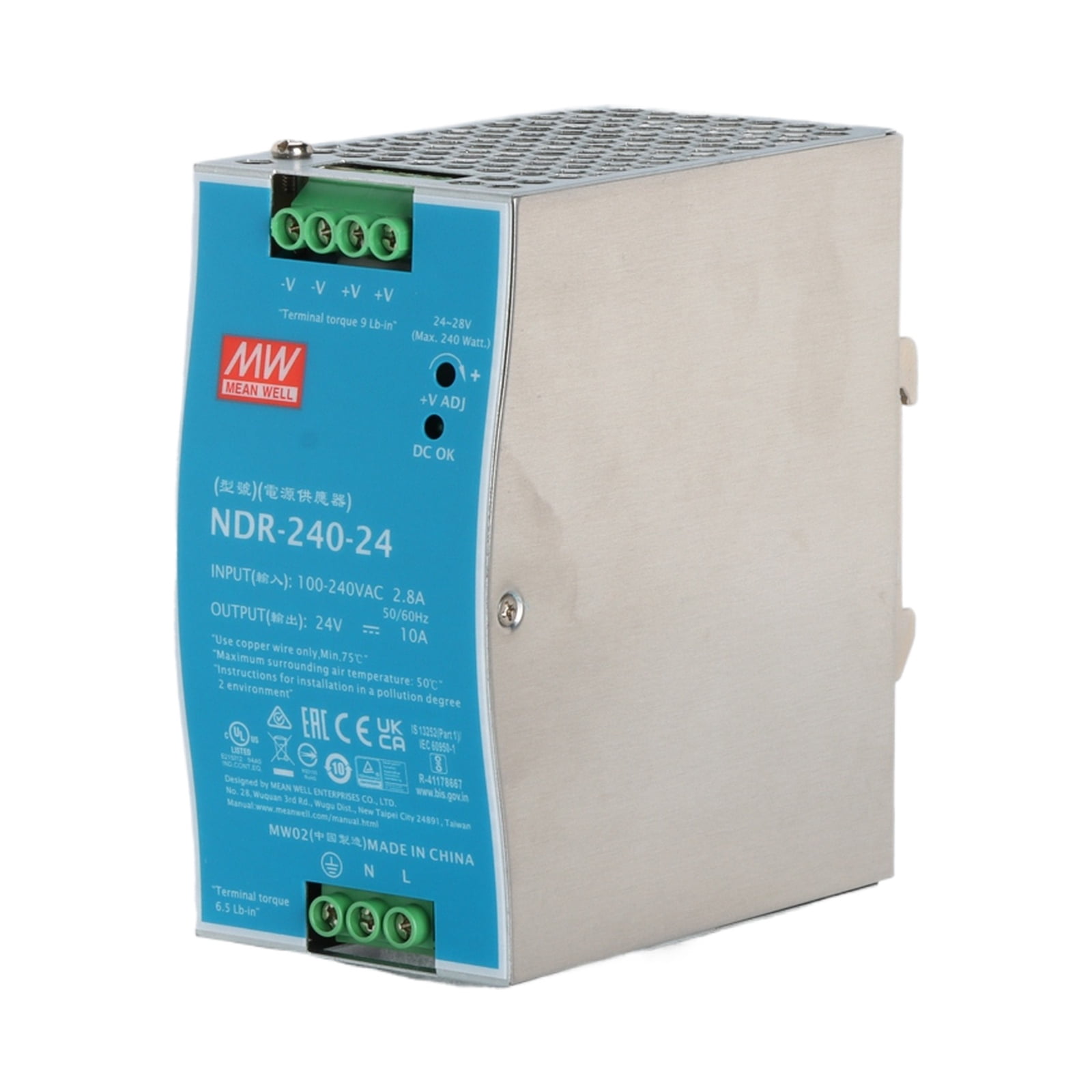 Feedannce 24V 10A 240W Switching Power Supply, Industrial, DIN Rail, MEAN WELL NDR-240-24