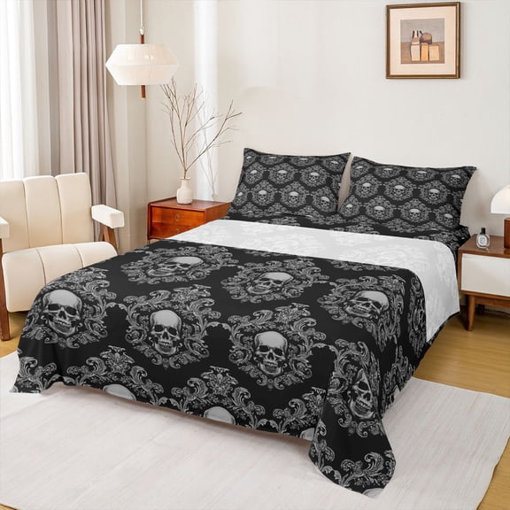 jejeloiu Edgy Skull Queen Sheets,Intricate Damask Queen Sheet Sets For Adults,Gray Black,4pcs,1 Flat Sheet, 1 Fitted Sheet and 2 Pillowcases