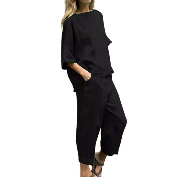 GILIGEGE Linen Sets for Women 2 Piece Summer Womens Summer Casual Solid Color Crewneck Top & Pants Cotton Linen Two Set Wide Leg Pants Tracksuit Lounge Matching Sets Black L