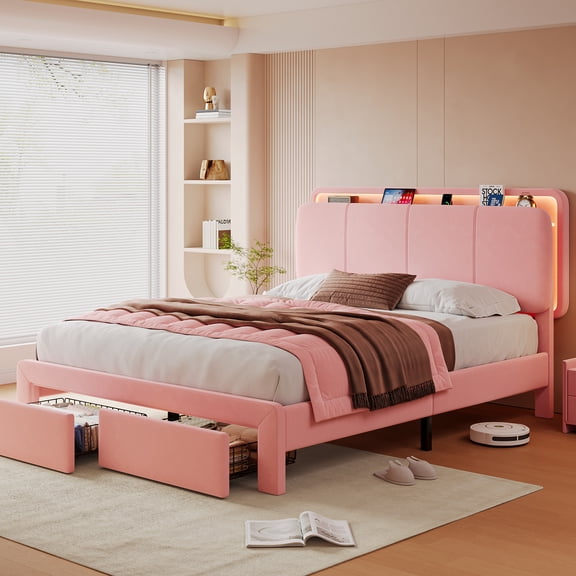 Velvet Upholstered Platform Bed Frame, LED Headboard with 2 Storage Drawers, Built-in Charging Station, Solid Wood Slat Support, No Box Spring Needed, Pink