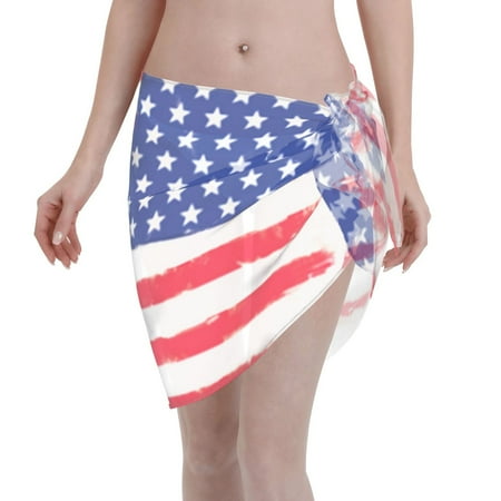 Swimsuit Coverups For Women Retro America Flag Sarong Beach Bikini Wrap Sheer Short Skirt Chiffon Scarf For Swimwear