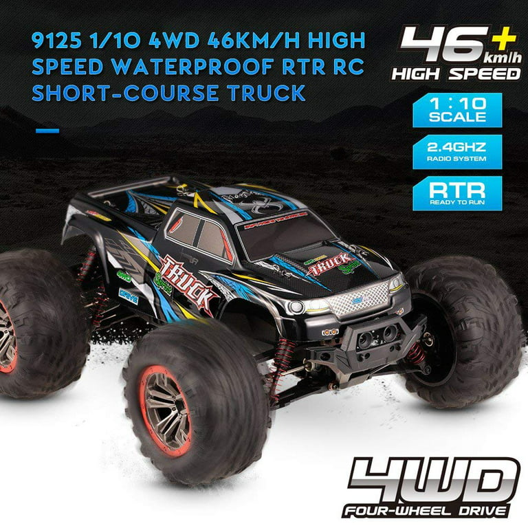 Large 1:10 Scale High Speed 46km/h 4WD 2.4Ghz Remote Control Truck 9125, Radio  Controlled Off-Road RC Car Electronic Monster Truck R/C RTR Hobby Grade  Cross-Country Car (Blue) 