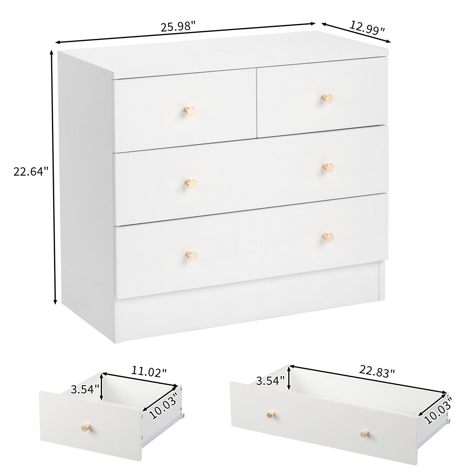 IVV 4 Drawer Dresser for Bedroom, Chest of Drawers, Bedroom Furniture, Clothes Storage and Organizer, 25.98"L x 12.99"W x 22.05"H, White
