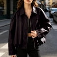 thumbnail image 3 of Yeglea Womens Fall Oversized Faux Leather Utility Jacket Point Collar Shoulder Epaulets Batwing Long Sleeve Gathered Balloon Hem Hidden Zip Cropped for Casual Streetwear Coffee,L, 3 of 6