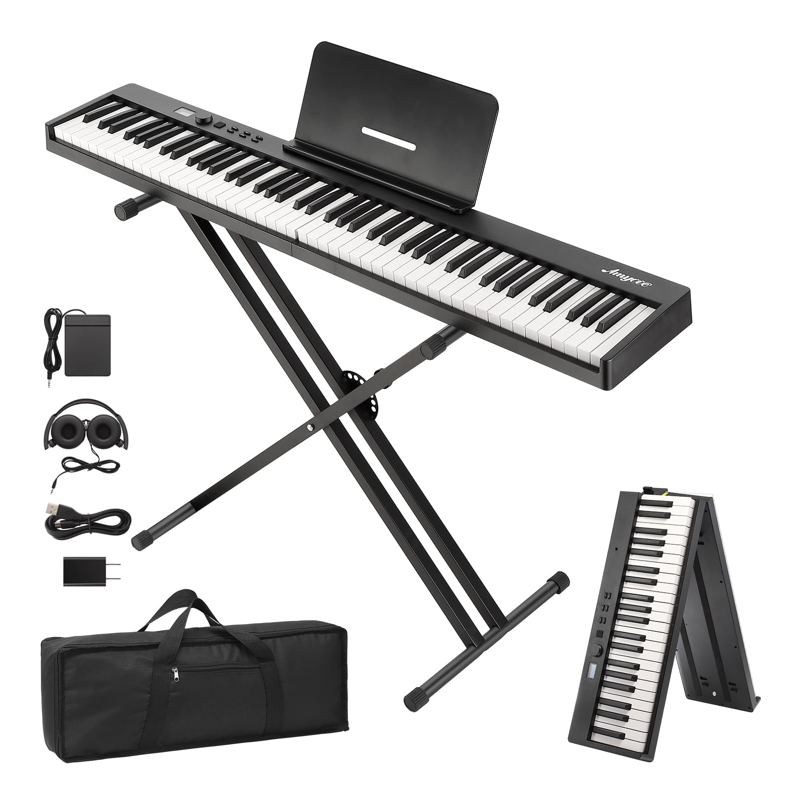 AOILE Complete 88-Key Folding Piano Keyboard Bundle - Full Size Digital Piano with Stand,Pedal, Headphones, Handbag, USB MIDI, Multifunctional for Beginners & Adults, Multifunctional Con